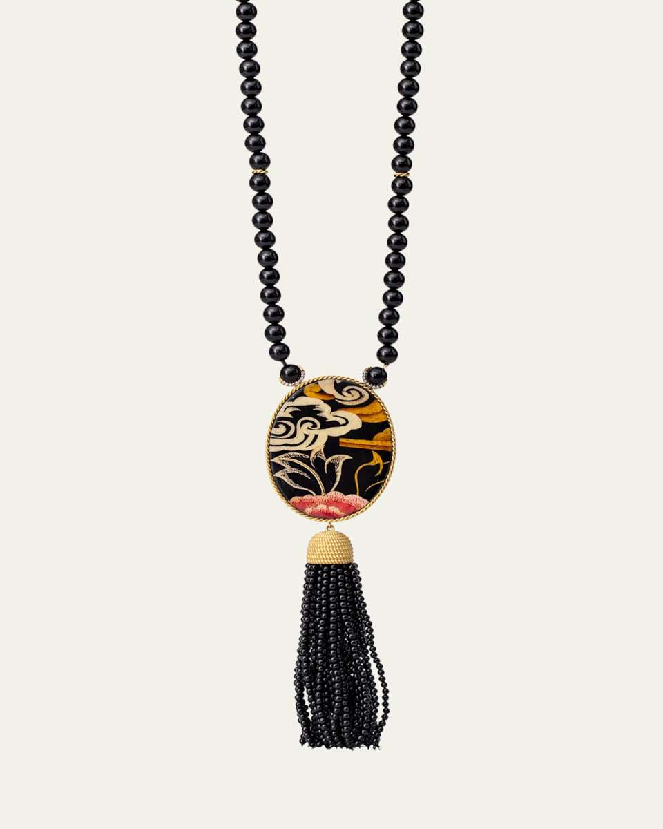 Tibetan Rose Oval Marquetry Necklace with Diamonds and Onyx